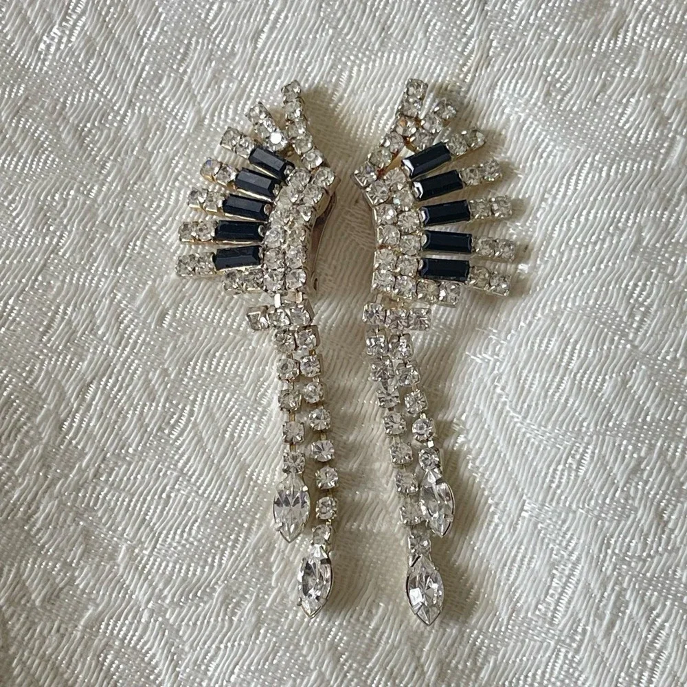 Angel Wing Fringe Clear & Black Baguette Rhinestone Clip On Ear Climber Earrings